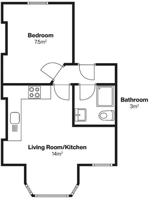 a black and white floor plan of a tiny house at Harbour Vista in St Ives