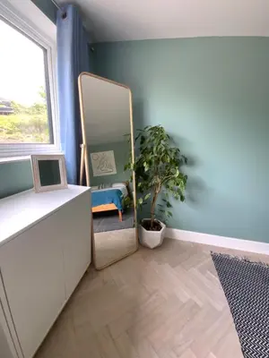 a dressing room with a mirror and a potted plant at Little Chi in Truro