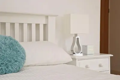 a bed with a blue pillow and a lamp on a night stand at Otters Holt in St Merryn