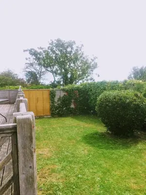 a yard with a wooden bench and a hedge at Top Deck - Ancient Fishing Village - Near to the Beach! in Gorran Haven