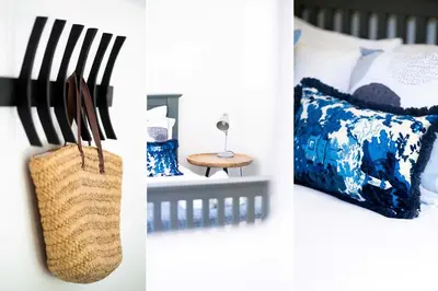 three pictures of a bedroom with a fork and a pillow at Primrose Cottage in St Ives