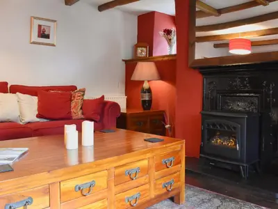 a living room with a couch and a fireplace at Pineview Cottage in Downderry