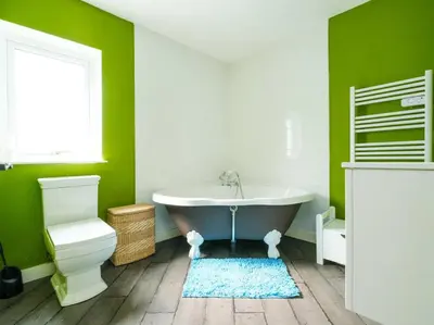 a green bathroom with a tub and a toilet at By The Beach in Torpoint