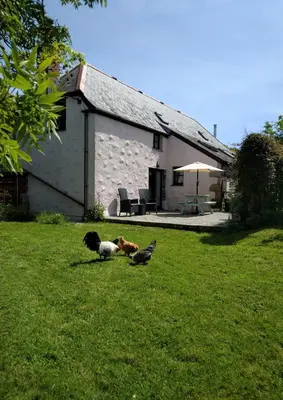 a dog and a bird in front of a house at Farm accommodation - The Lizard Peninsula, Cornwall in Helston