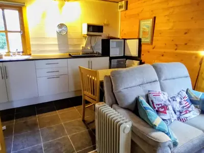 a living room with a couch and a kitchen at Trevenna Cabin in St Austell