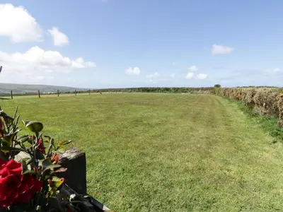 a field with a vineyard in the distance at Boscastle View in Boscastle