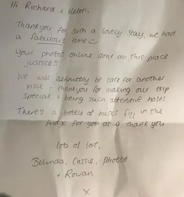 a letter from my mother thanking me for my handwriting at Trelaske Mill Cider Barn-with Hot Tub, Fire Pit BBQ in Lewannick