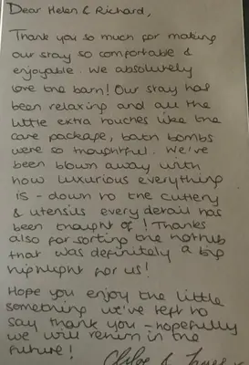 a letter to my mom thanking me for making our stay to at Trelaske Mill Cider Barn-with Hot Tub, Fire Pit BBQ in Lewannick