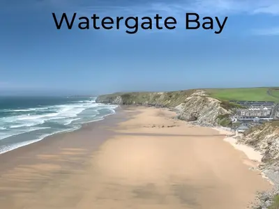 a view of a beach with the words watergate bay at Dog Friendly 8 Berth Static Caravan Newquay in Newquay