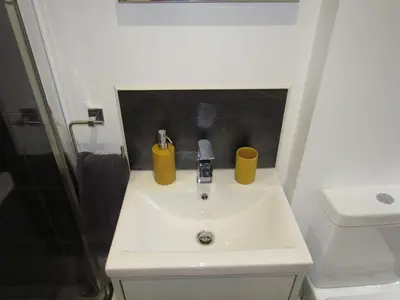 a bathroom with a sink with two bottles and a shower at Trenwith Bridge Cottage in St Ives