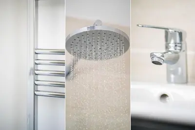 a shower head and a sink in a bathroom at Marcella's Retreat in St Ives