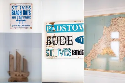 a collage of three pictures of posters on a wall at Stone's Throw in St Ives