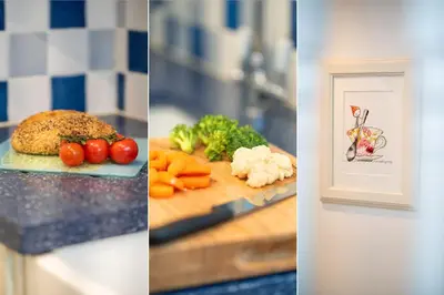 two pictures of vegetables on a cutting board at Stone's Throw in St Ives