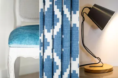 two pictures of a lamp and a curtain at Wingtips in Carbis Bay