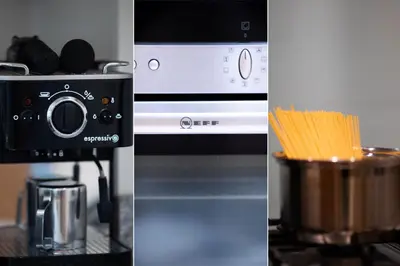 a kitchen with a coffee maker and a pot of noodles at Wingtips in Carbis Bay