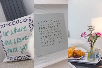 a wedding sign and a table with a plate of food at Chi Lowen in Carbis Bay