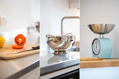 a kitchen counter with a mixer and a cutting board at Mavericks in St Ives