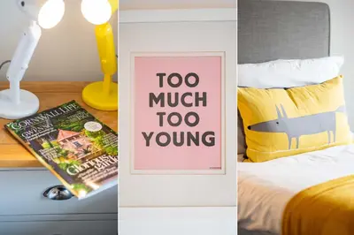 two pictures of a bedroom with a bed and a book at Mavericks in St Ives