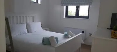 a bedroom with a white bed with two pillows on it at Newquay Rialton Holiday Home in Newquay