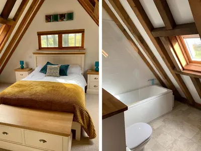 two pictures of a bedroom with a bed and a bath tub at Bybrook Lodge in Camelford
