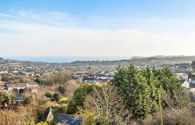 a view of a city from a hill with trees at Pochin House Collections in St Austell