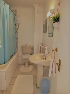 a bathroom with a toilet and a sink and a tub at West Looe Downs in Looe
