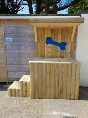 a wooden outhouse with a blue handle on it at NB12 Entire Caravan - Newquay in Porth