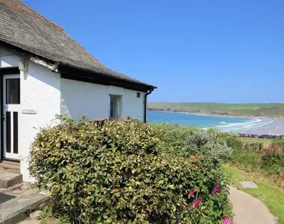 a house with a large bush in front of a building at Gullsway Kittiwake in Polzeath
