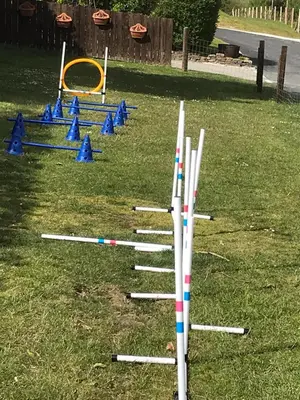 a row of poles in the grass with a playground at 1.2 padstow in Padstow