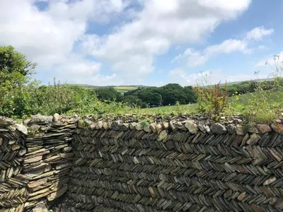 a stone wall with a field in the background at Picture perfect cottage in rural Tintagel in Tintagel