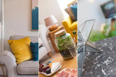 a collage of three pictures of a living room at Summer Salt in St Ives