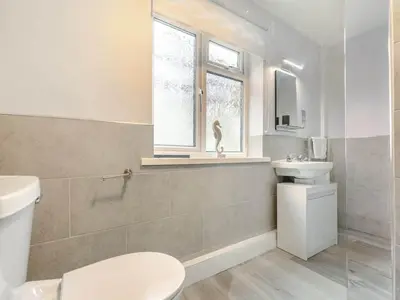 a bathroom with a toilet and a sink and a window at Lobster Pot - Mount Brioni in Downderry