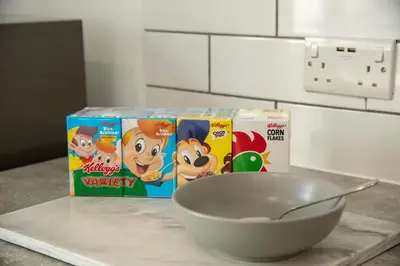 a bowl and a box of wacky cereal on a counter at Valley View Studio Annexe in Downderry