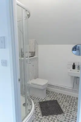 a bathroom with a shower and a toilet and a sink at Valley View Studio Annexe in Downderry