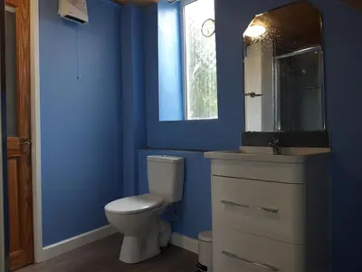 a blue bathroom with a toilet and a sink at Nice big 2 double bedroom Apartment in the Town in Newquay