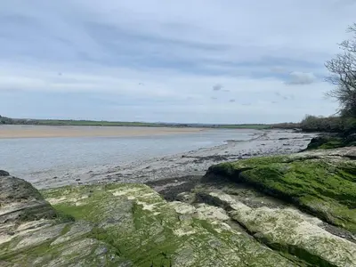 a large body of water with rocks and grass at The Hannexe in Wadebridge