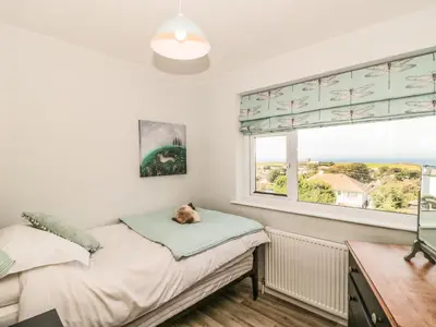 a cat laying on a bed in a room with a window at Honeycroft in Boscastle