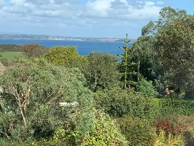 a view of the ocean from a field with trees at Little Karenza is the perfect Cornish getaway in Saint Anthony