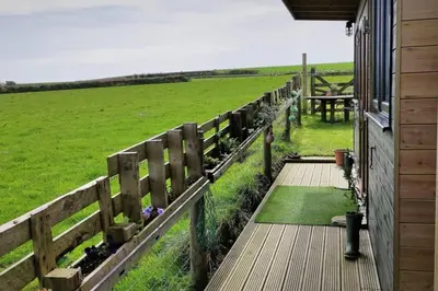 a wooden walkway next to a fence with a field at The Bolt Hole in St Merryn
