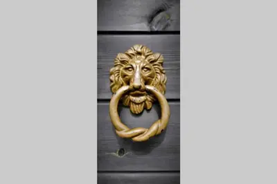 a door knocker of a lion with a beard at The Bolt Hole in St Merryn