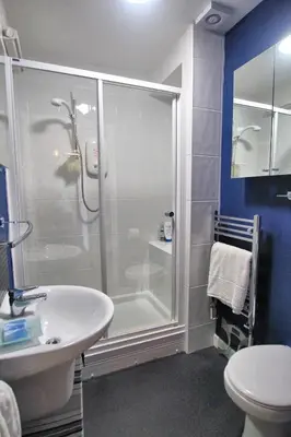 a bathroom with a shower and a sink at Headland View. Luxury. Harbour-Front. With Parking in Falmouth