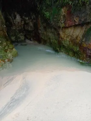a pool of water next to a rock wall at Stargazy Shepherds Hut in St Ives