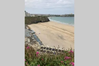 a view of a beach and the ocean with pink flowers at Beautiful 3 bedroom apartment by the Sea in Newquay