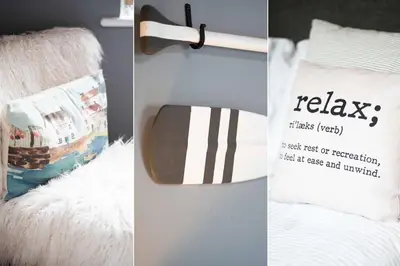 a collage of three pictures with a pillow and a mirror at Curlew Cottage in Uny Lelant