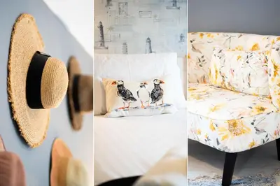 a collage of four pictures with a chair and two birds at Curlew Cottage in Uny Lelant