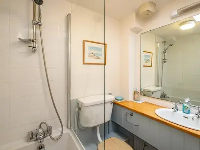 a bathroom with a shower and a toilet and a sink at Slipway 12 in Padstow