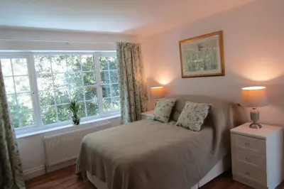 a bedroom with a bed with two pillows and a window at Lovely Spacious Cottage Near The Coast in St Austell