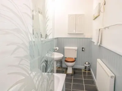 a bathroom with a toilet and a sink at Olde Carpenters Cottage in Boscastle