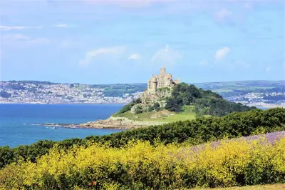 a castle on top of a hill with flowers at Little Chyryn Perranuthnoe in Perranuthnoe