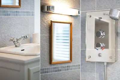 two pictures of a bathroom with a sink and a mirror at Tregarth in St Ives